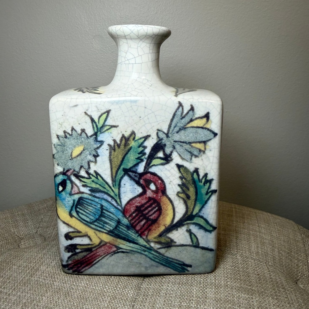 Pottery Barn Mini‎ Iznik Square Vase Crackle Glaze Deer Birds Floral Stoneware